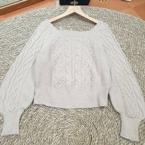 Beige Cable Knit Crop Sweater Square Neck Cozy Pullover